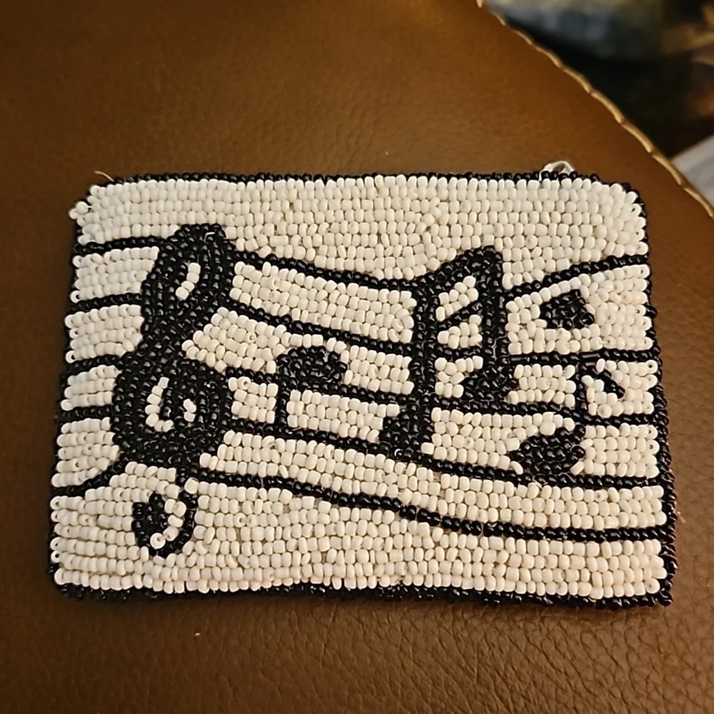 Vintage Heavily Beaded Monochrome Musical Notes Coin Card Junk Wallet